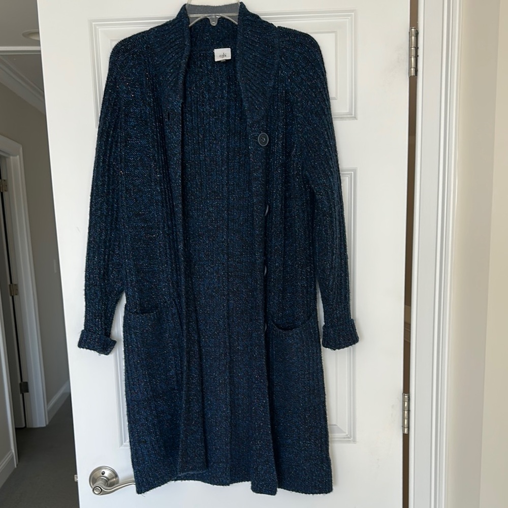 CAbi Blue Long Cardigan Sweater with Shawl Collar